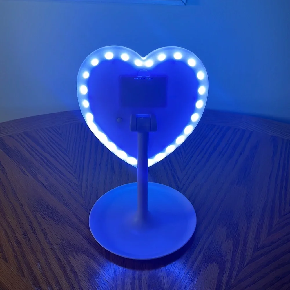 NIB Wireless LED Mirror Purple Heart Shaped Makeup Mirror w/ Touch Light & Tray